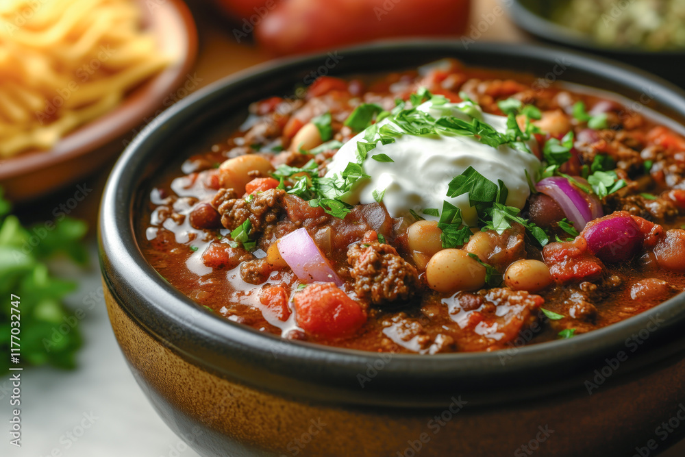 Rich beef chili with beans and creamy sour cream Rich beef chili with beans and creamy sour cream