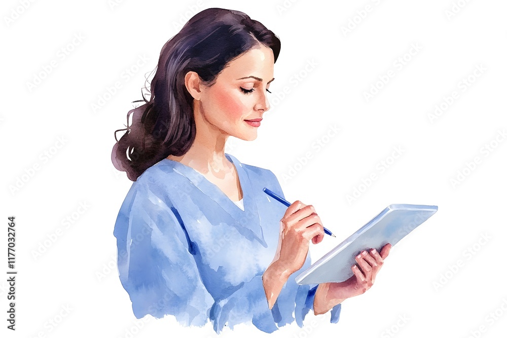 A woman is writing on a tablet