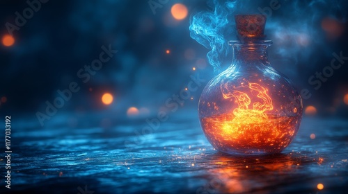 Glowing potion in a glass bottle surrounded by swirling smoke and luminous or...