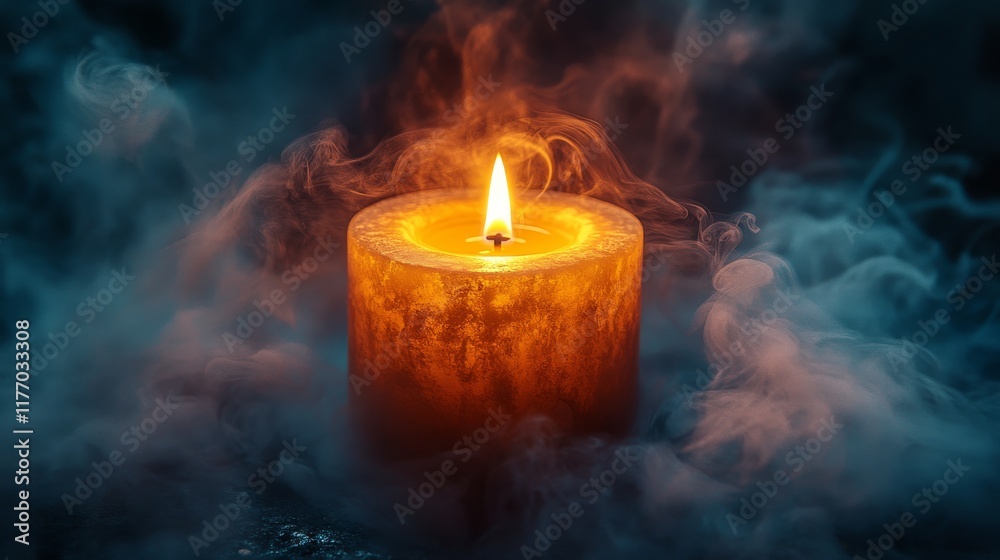 Mystical candle burning in a swirl of smoke during a tranquil evening Mystical candle burning in a swirl of smoke during a tranquil evening