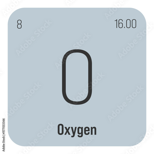 Oxygen, O, periodic table element with name, symbol, atomic number and weight. Non-metal with various industrial uses, such as in steel production, medical therapy, and as a filling gas in certain