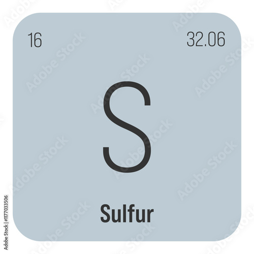 Sulfur, S, periodic table element with name, symbol, atomic number and weight. Non-metal with various industrial uses, such as in fertilizer, certain types of medication, and as a component of certain