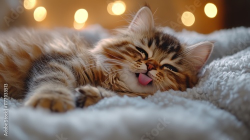 Cute orange kitten sleeping comfortably in fluffy wool on a cozy winter after...
