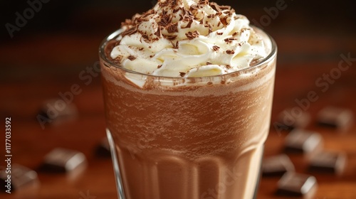 Delicious chocolate shake topped with whipped cream and chocolate drizzle ser...
