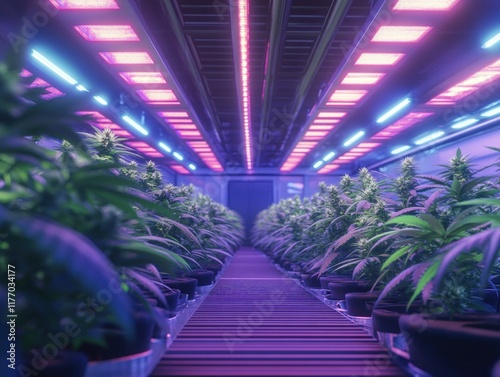 Indoor Cannabis Cultivation: A Futuristic Greenhouse Setting photo