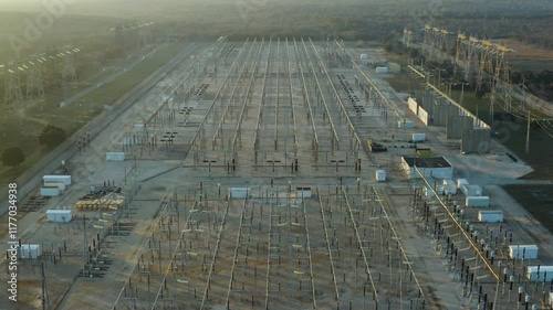 Aerial shot of a power plant in the countryside at sunset, Gard, France