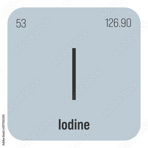 Iodine, I, periodic table element with name, symbol, atomic number and weight. Halogen with various industrial uses, such as in medicine, photography, and as a disinfectant.