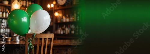 Green, white, and orange balloons in a traditional Irish pub photo