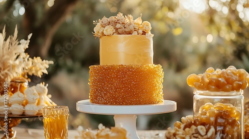 A golden hour dessert table featuring a goldenhued cake surrounded by warm caramel and honeyflavored candy photo