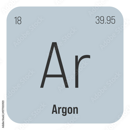 Argon, Ar, periodic table element with name, symbol, atomic number and weight. Inert gas commonly used in welding and as a protective atmosphere for certain industrial processes.