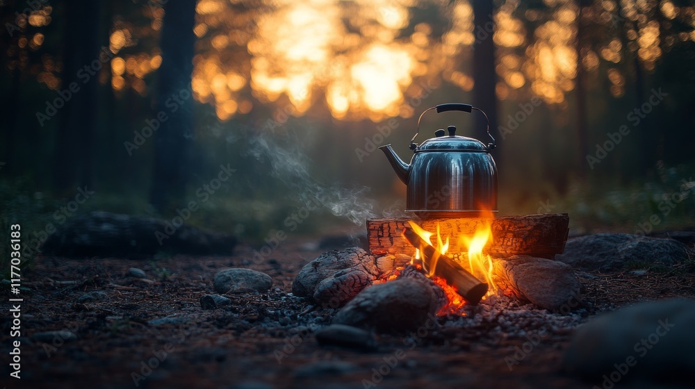 Rustic kettle boiling over a campfire near a serene lake surrounded by autumn foliage Rustic kettle boiling over a campfire near a serene lake surrounded by autumn foliage