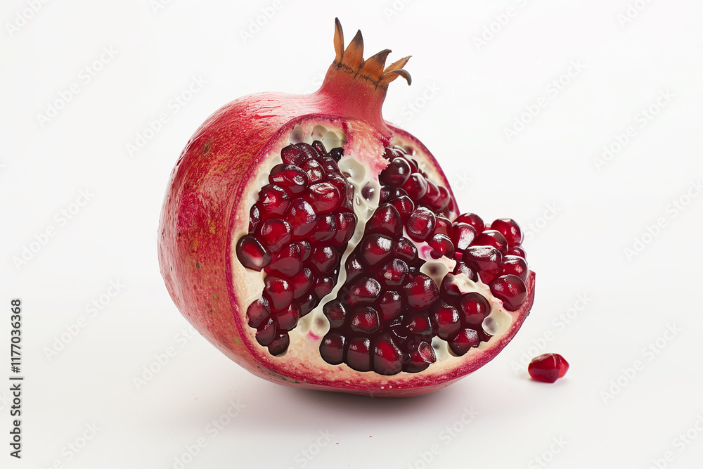 A split pomegranate showing the intricate arrangement of seeds inside, set against a clean white background.