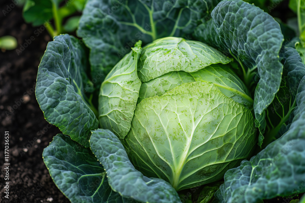 Fototapeta premium Garden-grown fresh cabbage covered in water droplets