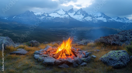 Campfire surrounded by mountains and trees on a cloudy evening in the wilderness