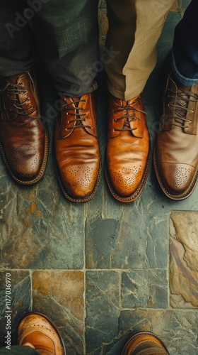 Elegant collection of polished men's shoes arranged in a stylish display on a...