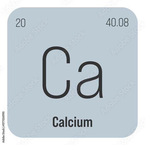 Calcium, Ca, periodic table element with name, symbol, atomic number and weight. Alkaline earth metal with various industrial uses, such as in construction, pharmaceuticals, and as a nutrient