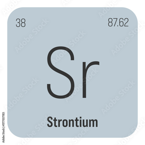 Strontium, Sr, periodic table element with name, symbol, atomic number and weight. Alkaline earth metal with various industrial uses, such as in certain types of glass, fireworks, and as a medication