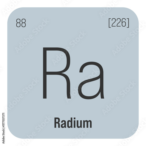 Radium, Ra, periodic table element with name, symbol, atomic number and weight. Alkaline earth metal with radioactive properties, formerly used in medical therapy and as a component of certain types