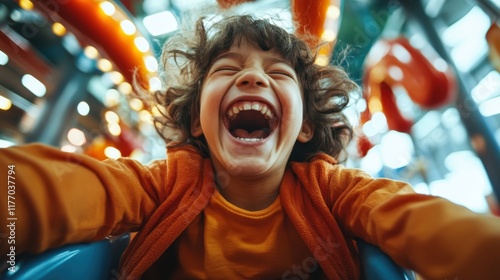 A young child with curly hair laughing excitedly while sliding down a bright and colorful playground slide, capturing the essence of pure childhood joy and thrill.