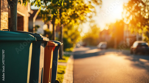 Farbige Mülltonnen in einer sonnigen Wohnstraße zwischen Bäumen

