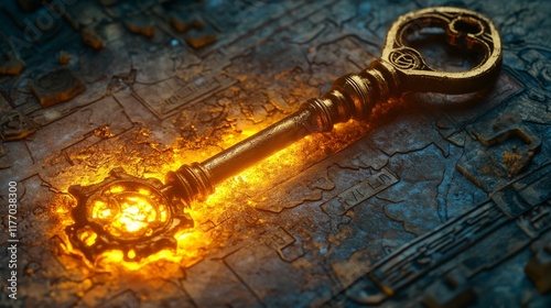 Mystical golden key on ancient stone with glowing inscriptions in a dark setting