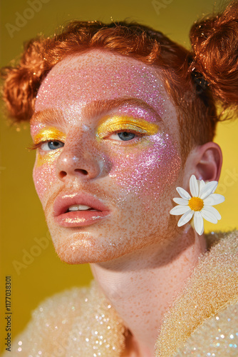 Obraz na płótnie Stunning Makeup Look Featuring Pink Glitter Eyeshadow and Bold Colors in a Vibrant Setting w salonie