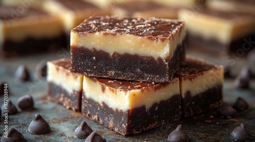 Delicious layers of homemade fudge with chocolate chips on a light background