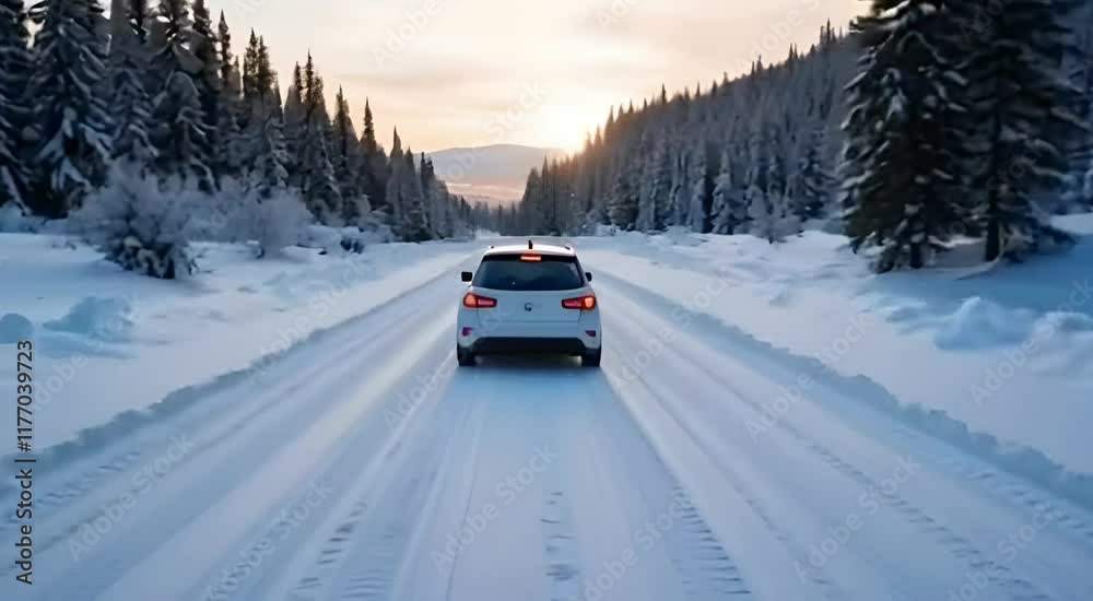 A car leaves crisp tracks on a peaceful, snow-covered road, capturing winter's serene beauty. A car leaves crisp tracks on a peaceful, snow-covered road, capturing winter's serene beauty.