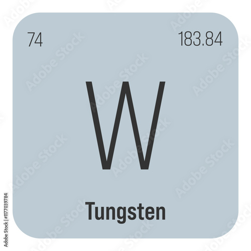 Tungsten, W, periodic table element with name, symbol, atomic number and weight. Transition metal with various industrial uses, such as in certain types of lighting, electrical contacts, and as a
