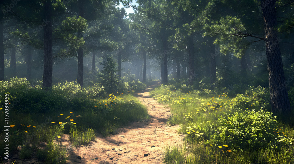 Fototapeta premium Forest Path with Sunlight and Fog Illustration
