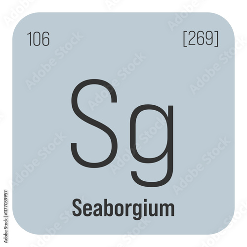 Seaborgium, Sg, periodic table element with name, symbol, atomic number and weight. Synthetic element with no known commercial or industrial uses, but has been used in scientific research.