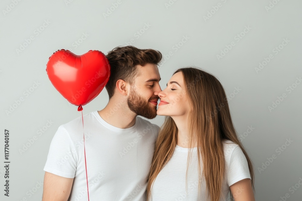 A happy couple, a man in a white t-shirt and a woman with a heart-shaped balloon, kissing each other on Valentine's Day. A happy couple, a man in a white t-shirt and a woman with a heart-shaped balloon, kissing each other on Valentine's Day.