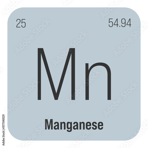 Manganese, Mn, periodic table element with name, symbol, atomic number and weight. Transition metal with various industrial uses, such as in steel production, batteries, and as a catalyst in certain