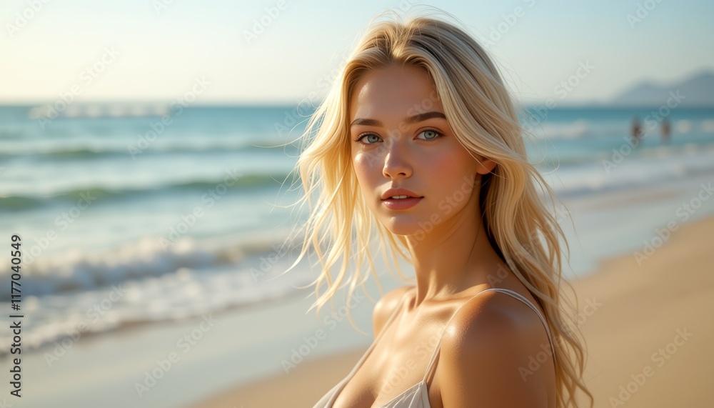 Beautiful Blonde Woman on a Sunny Beach at Sunset Beautiful Blonde Woman on a Sunny Beach at Sunset