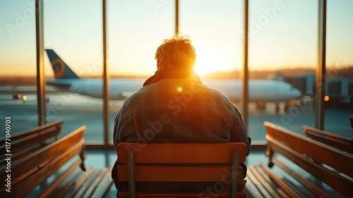 With the setting sun streaming through the airport windows, a person peacefully contemplates in the terminal lounge as an airliner prepares for departure nearby. photo