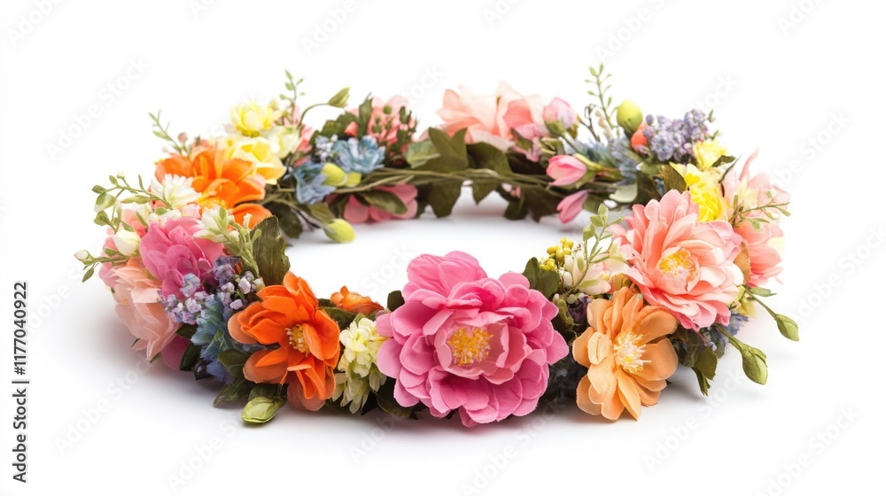 Fototapeta premium Vibrant Floral Headpiece: Colorful Flower Crown on Pure White Background with Clipping Path
