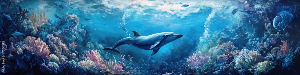 Fototapeta premium Breathtaking Underwater Panorama Featuring Playful Dolphins in Their Natural Ocean Habitat