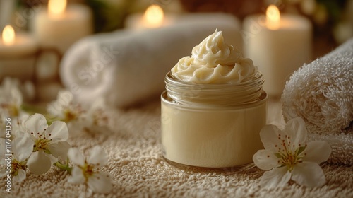Relaxing atmosphere with scented candle and towels during cozy evening indoors