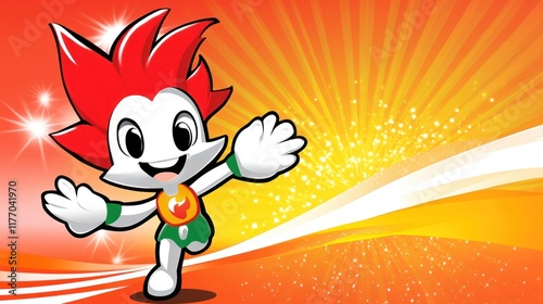 Cartoon mascot character running, cheerful expression, welcoming gesture, dynamic pose, vibrant colors, radiant background, celebratory theme. photo