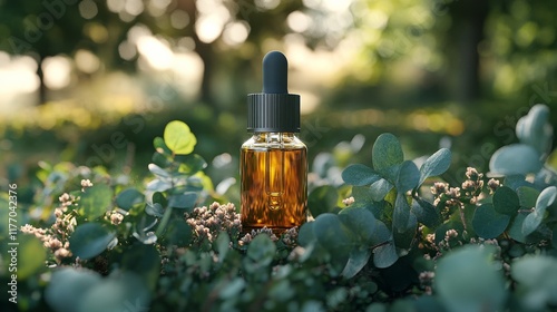 Natural essential oil bottle placed on green foliage during golden hour in a ...