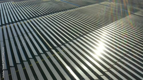 Aerial shot above solar panels on a renewable energy farm, Provence, France
