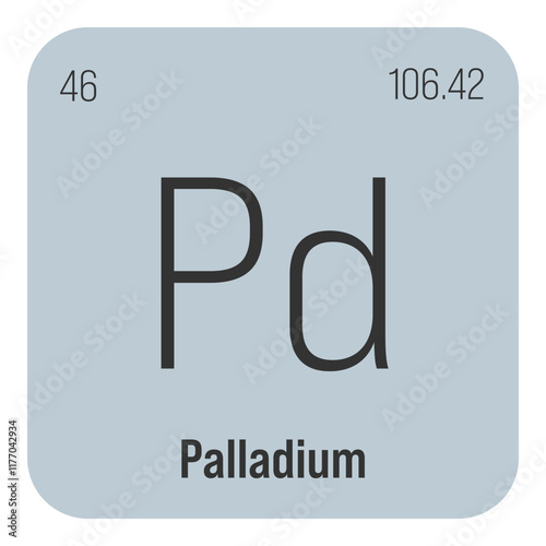 Palladium, Pd, periodic table element with name, symbol, atomic number and weight. Transition metal with various industrial uses, such as in catalytic converters, jewelry, and as a component of