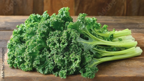 Freshly harvested greens showcased on a wooden cutting board in natural light...