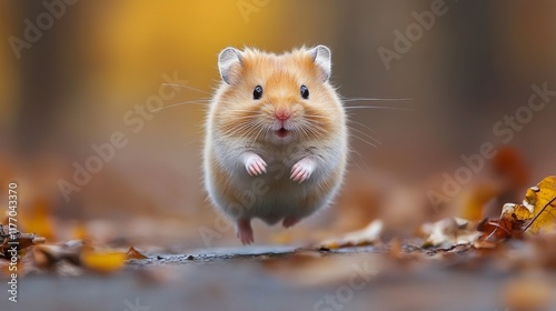 Cute hamster hopping along a path surrounded by autumn leaves in a tranquil o...