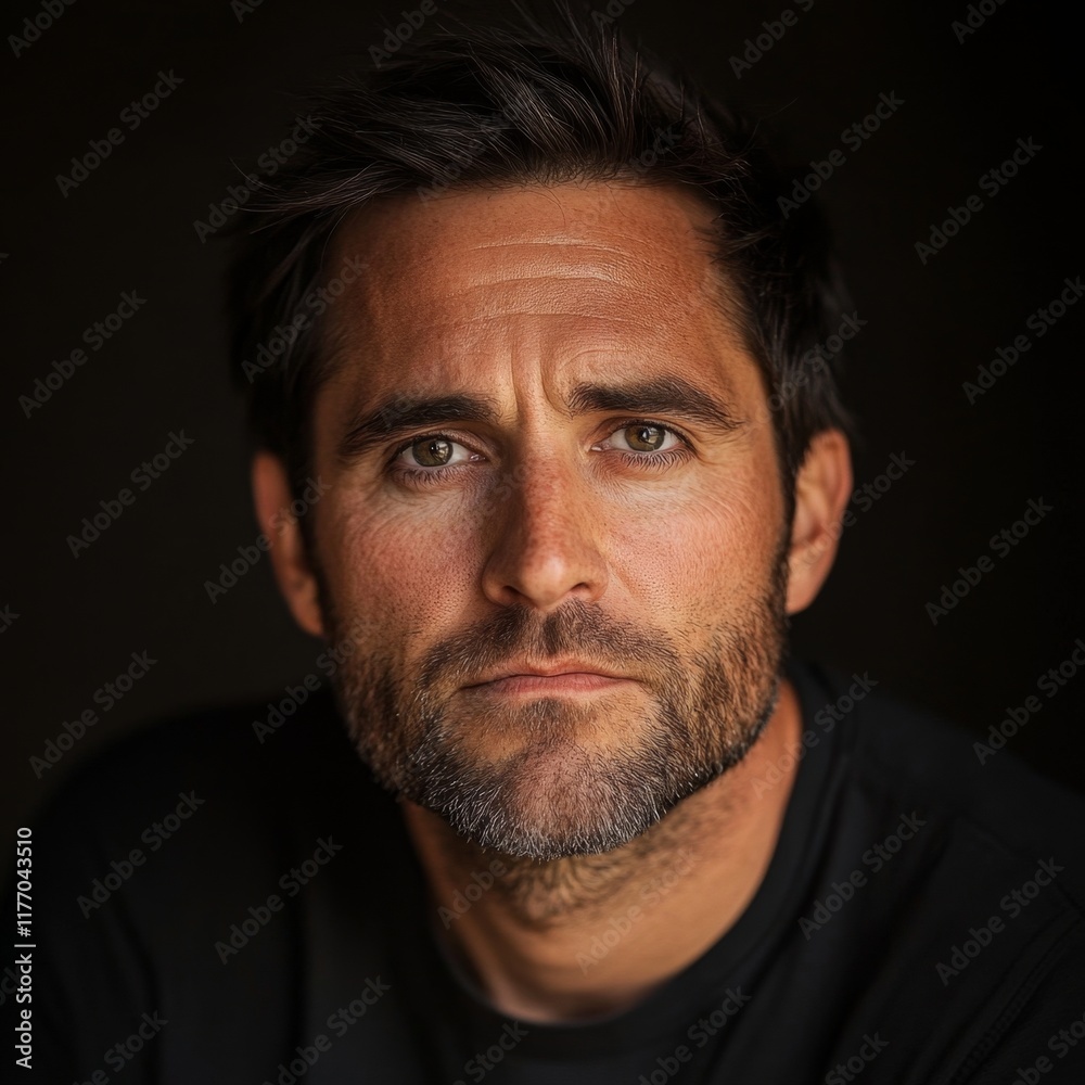 Pensive Man Portrait, Dark Background, Serious Expression Pensive Man Portrait, Dark Background, Serious Expression