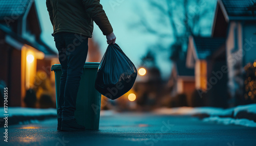 Mann bringt Müll zur Tonne in einer ruhigen Nachbarschaft

 photo