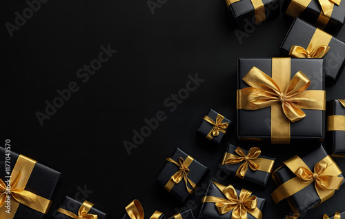 a collection of gift boxes wrapped in black paper and tied with gold ribbons and bows, placed on a black background. The presentation suggests a festive or special occasion.