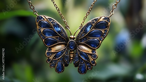 A necklace featuring a butterflyshaped pendant with sapphire wings photo