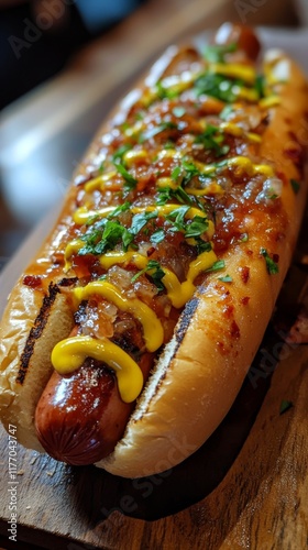Delicious hot dog topped with mustard, onions, and relish on a wooden board i...