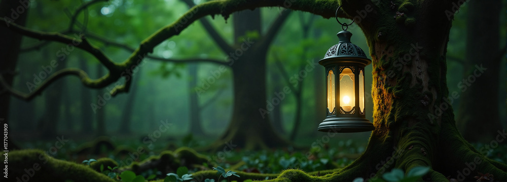 Lantern glowing in a misty enchanted forest Lantern glowing in a misty enchanted forest